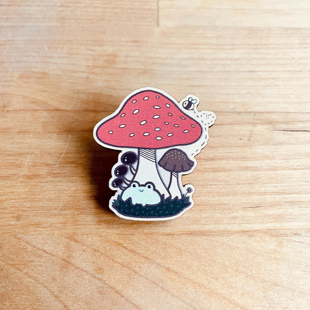 Frog, Mushroom, and Bee Wooden Pin